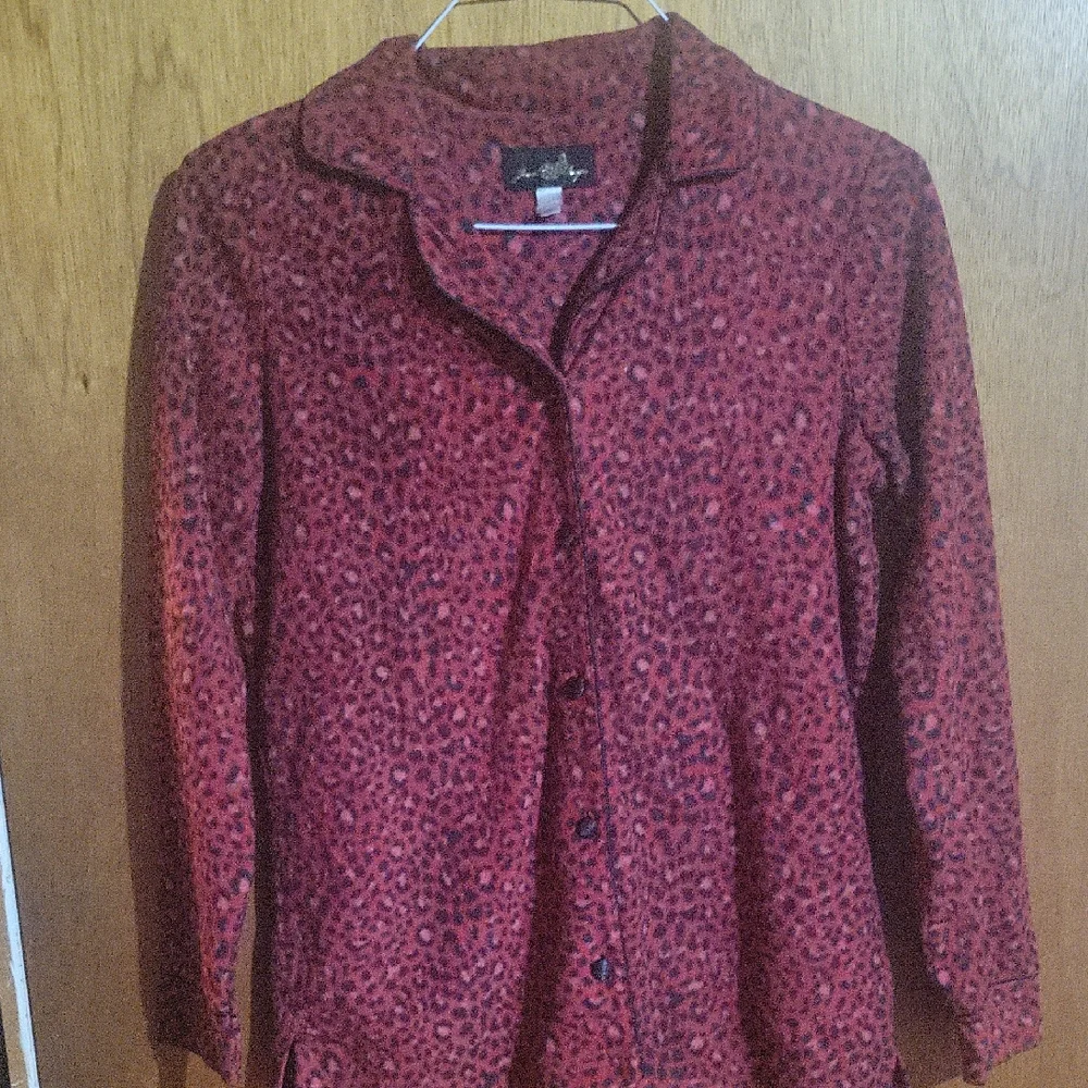 Joan Boyce Red Button Down Leopard Print Shirt